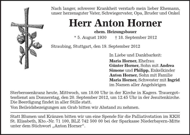 Traueranzeige Anton Horner