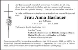 Traueranzeige Anna Haslauer