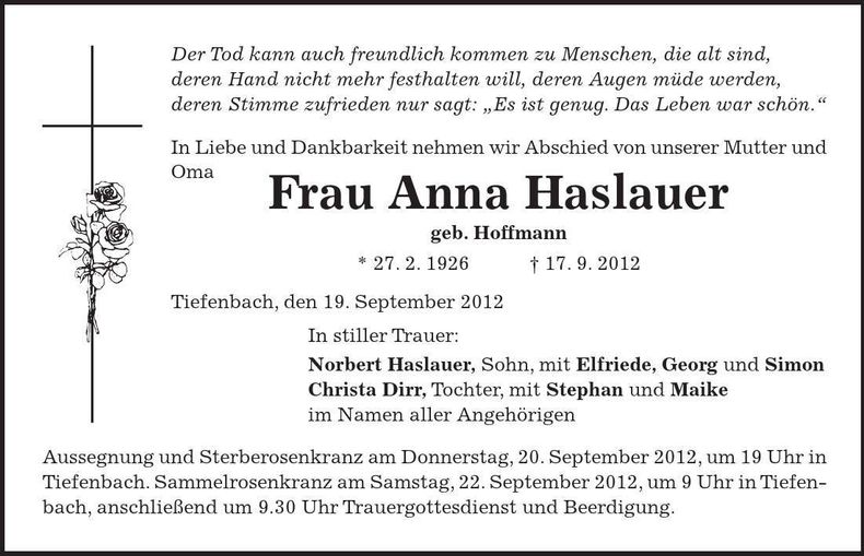 Traueranzeige Anna Haslauer