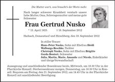 Traueranzeige Gertrud Nusko