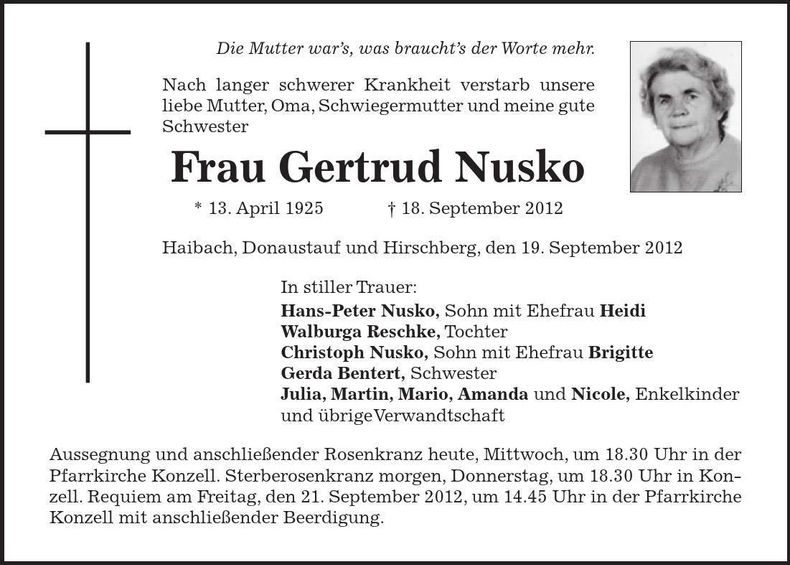Traueranzeige Gertrud Nusko