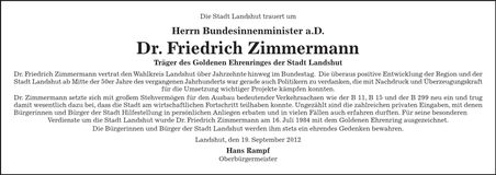 Traueranzeige Friedrich Zimmermann