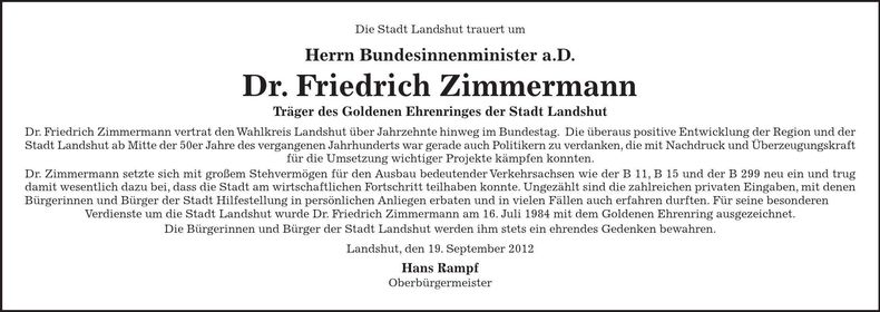 Traueranzeige Friedrich Zimmermann