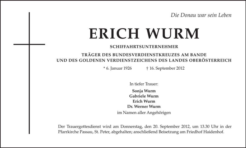 Traueranzeige Erich Wurm