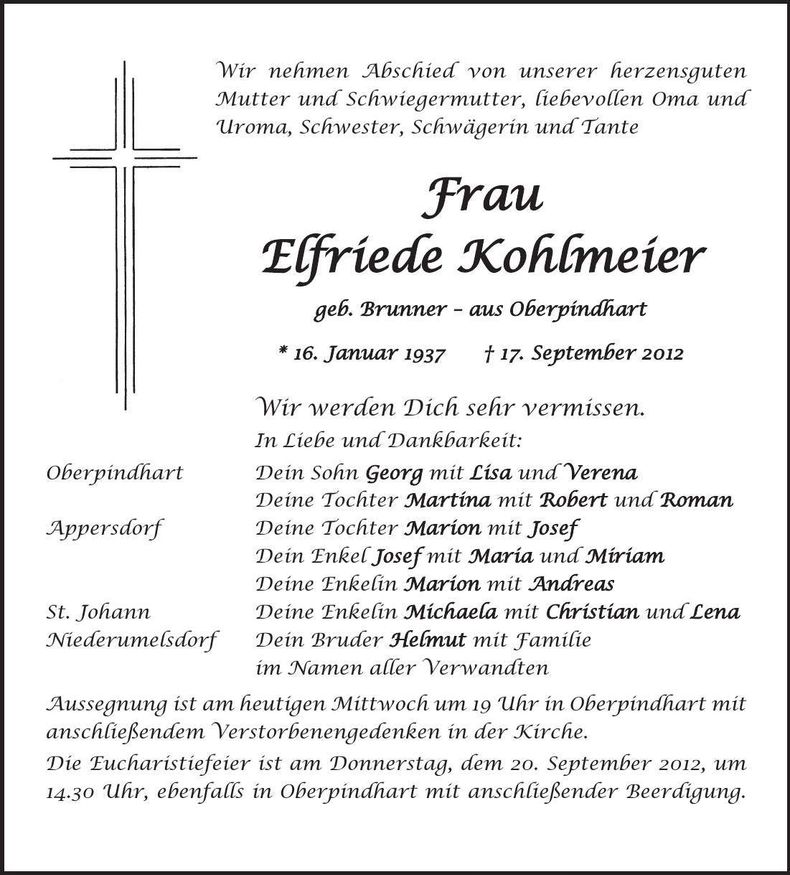 Traueranzeige Elfriede Kohlmeier