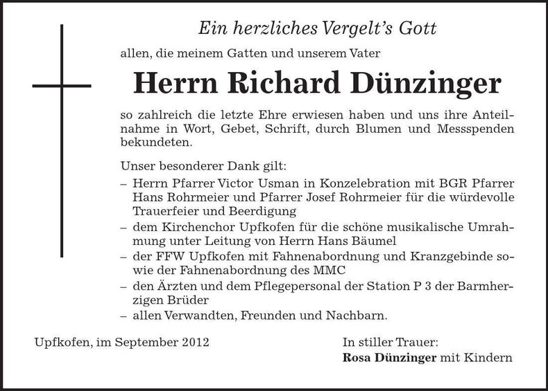 Traueranzeige Richard Dünzinger
