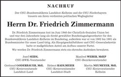 Traueranzeige Friedrich Zimmermann