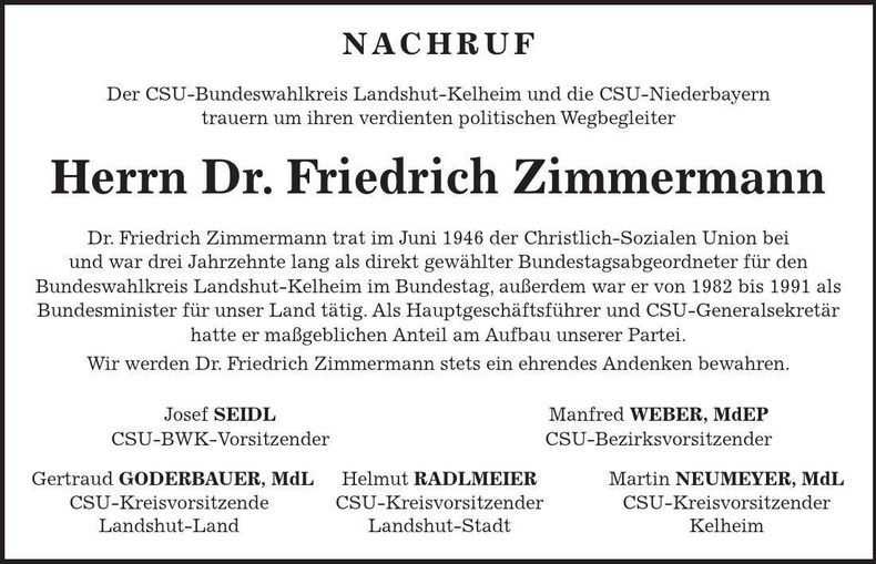 Traueranzeige Friedrich Zimmermann