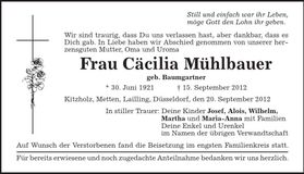 Traueranzeige Cäcilia Mühlbauer