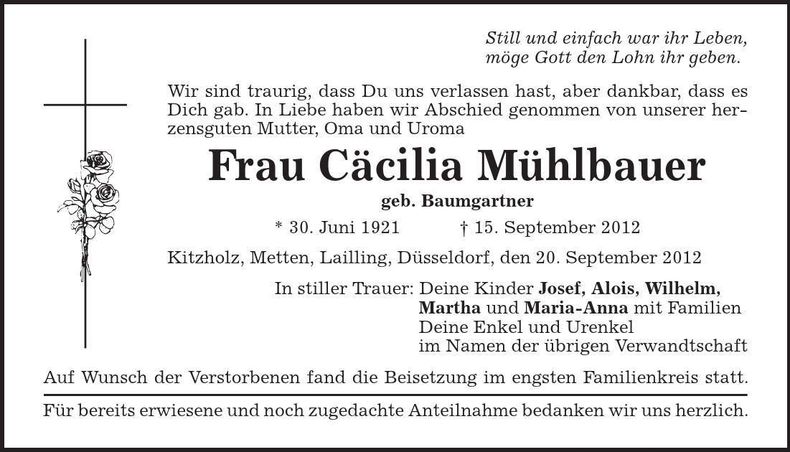 Traueranzeige Cäcilia Mühlbauer