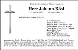 Traueranzeige Johann Rösl