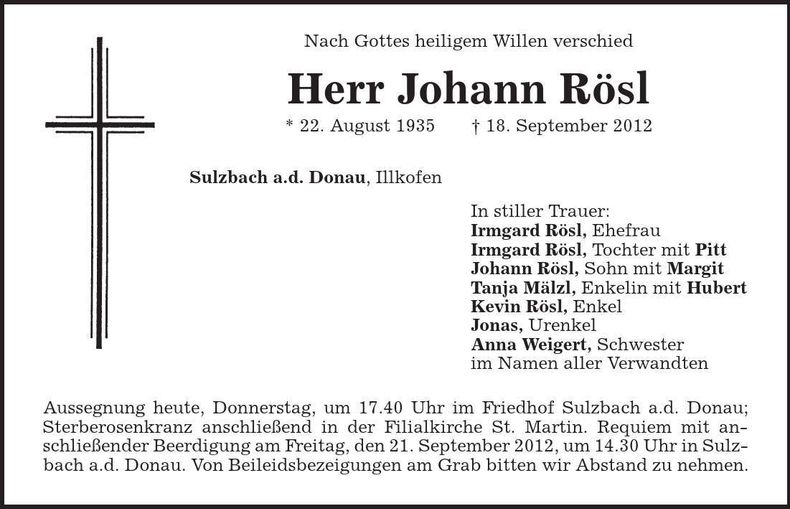 Traueranzeige Johann Rösl