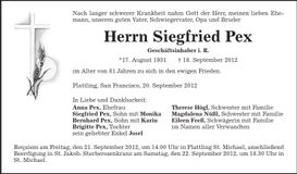 Traueranzeige Siegfried Pex