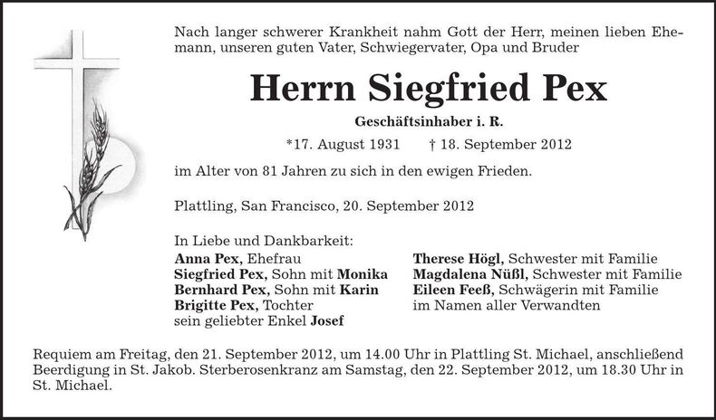 Traueranzeige Siegfried Pex