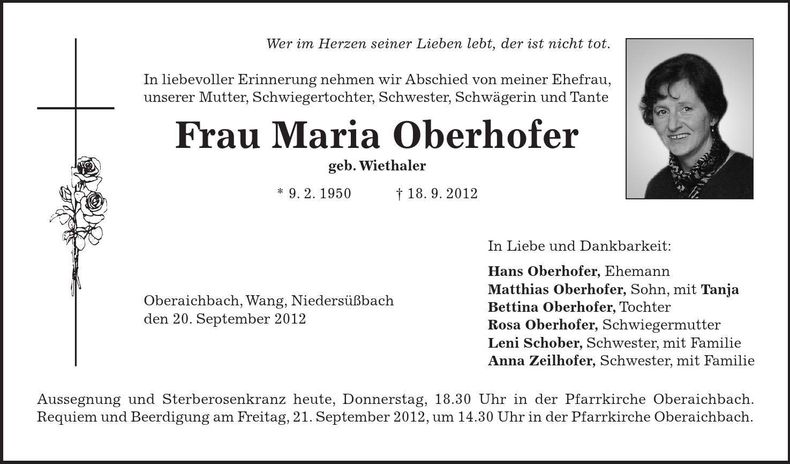 Traueranzeige Maria Oberhofer