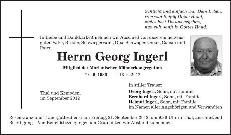 Traueranzeige Georg Ingerl