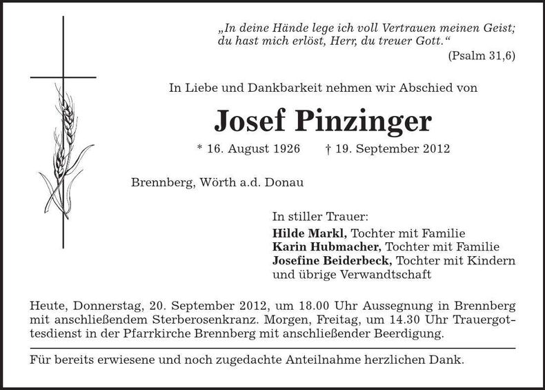 Traueranzeige Josef Pinzinger