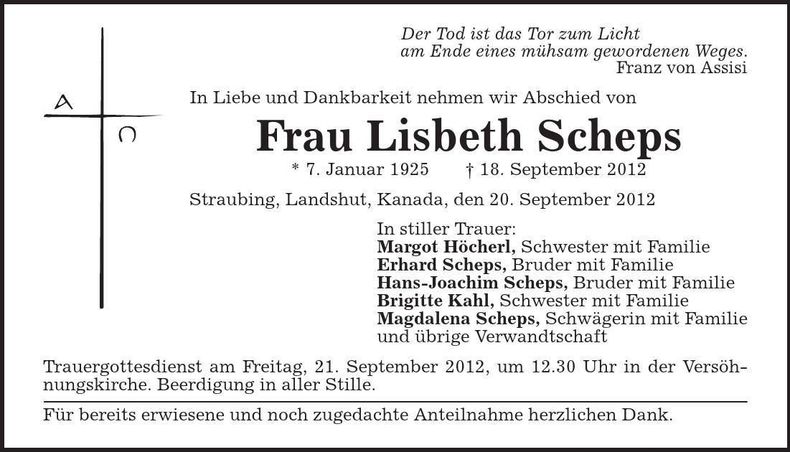 Traueranzeige Liesbeth Scheps