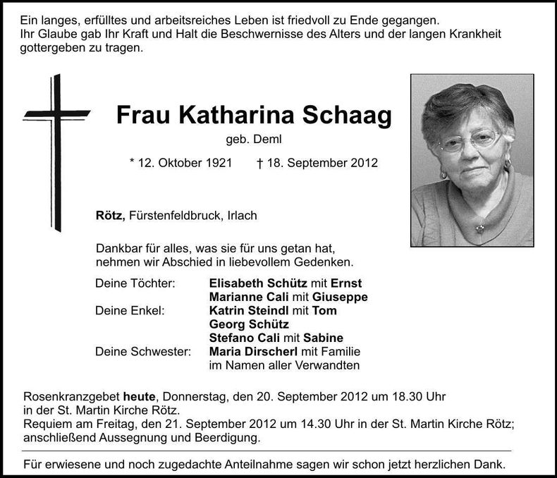 Traueranzeige Katharina Schaag