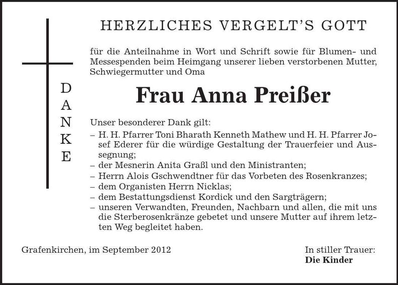 Traueranzeige Anna Preißer