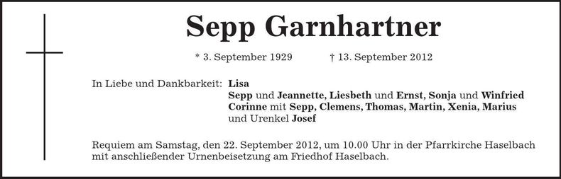 Traueranzeige Sepp Garnhartner
