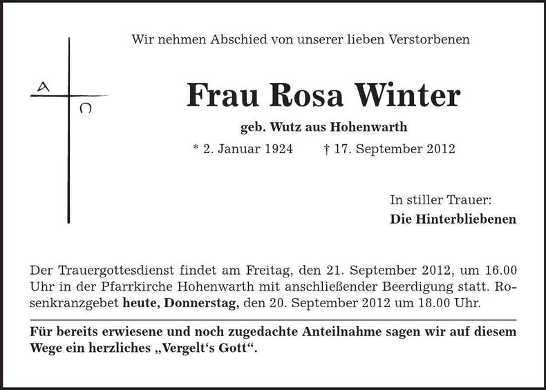 Traueranzeige Rosa Winter