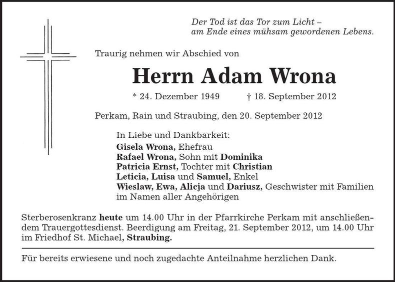 Traueranzeige Adam Wrona