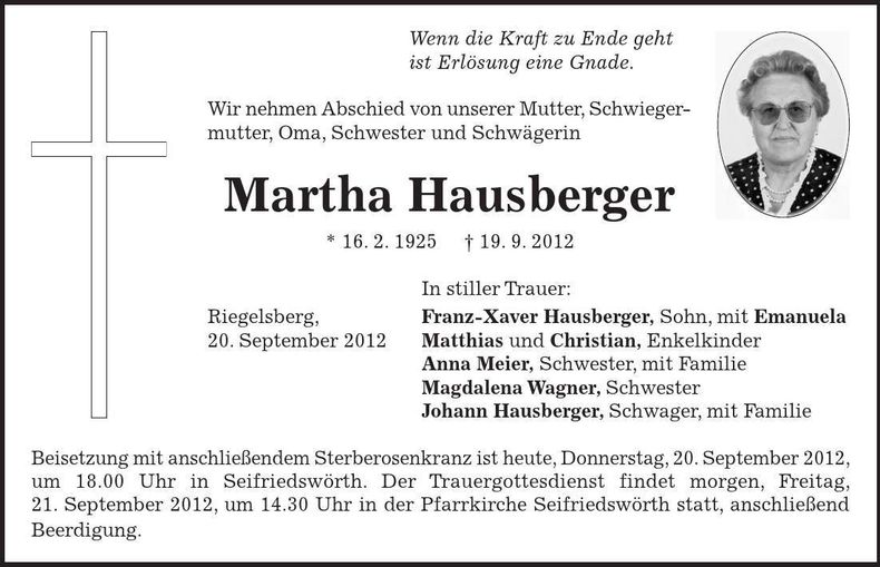 Traueranzeige Martha Hausberger