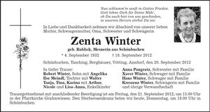 Traueranzeige Zenta Winter
