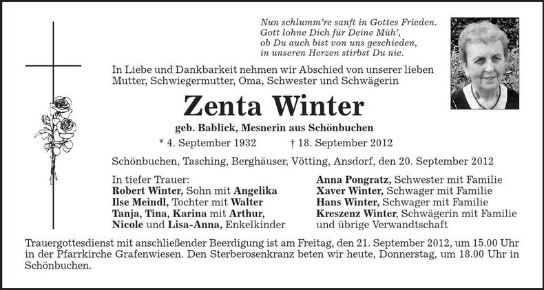 Traueranzeige Zenta Winter