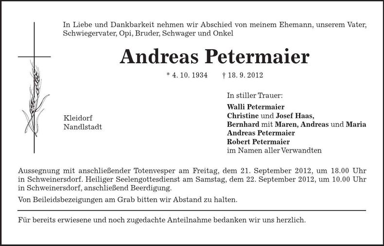 Traueranzeige Andreas Petermaier