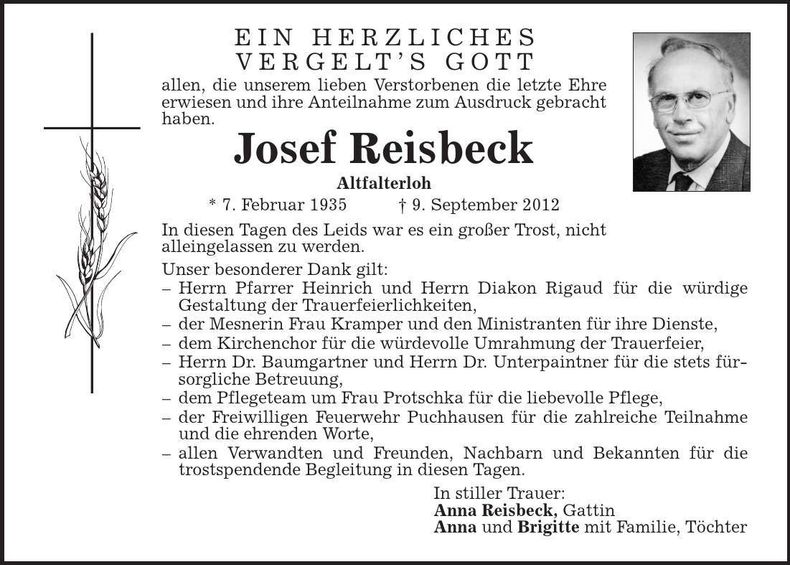 Traueranzeige Josef Reisbeck