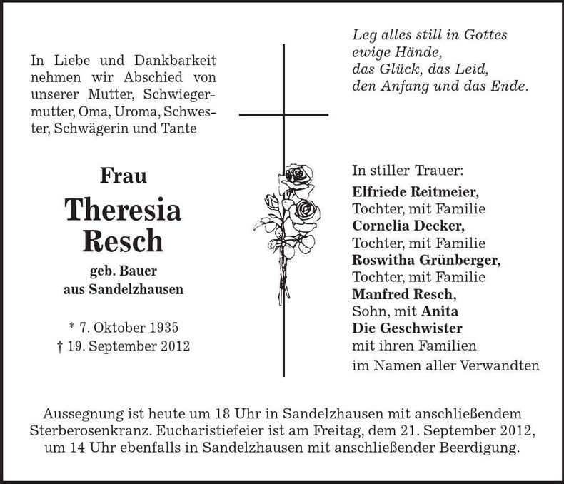 Traueranzeige Theresia Resch