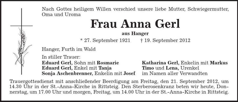 Traueranzeige Anna Gerl