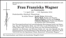 Traueranzeige Franziska Wagner