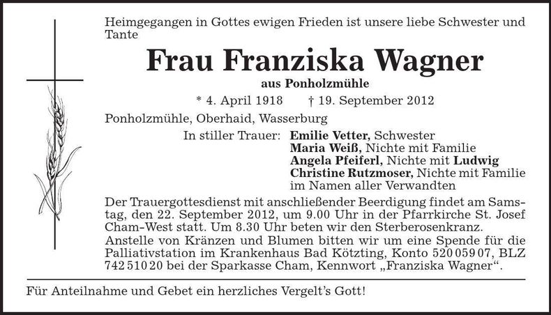 Traueranzeige Franziska Wagner