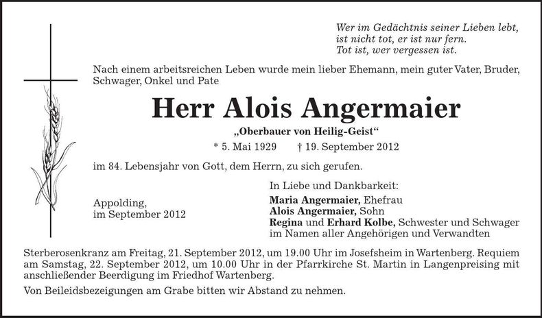 Traueranzeige Alois Angermaier