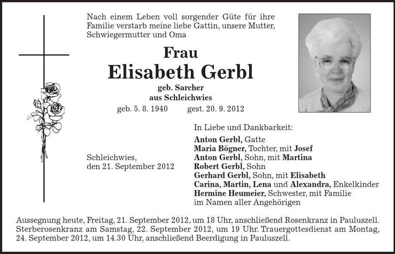 Traueranzeige Elisabeth Gerbl