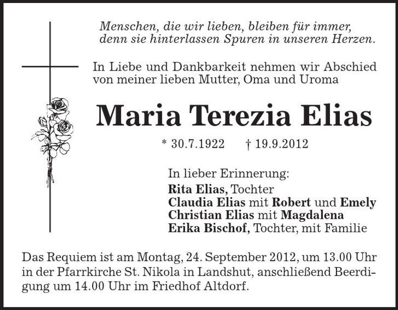Traueranzeige Maria Elias
