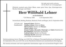 Traueranzeige Willibald Lehner