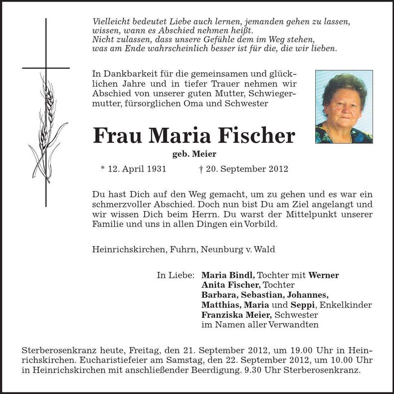 Traueranzeige Maria Fischer