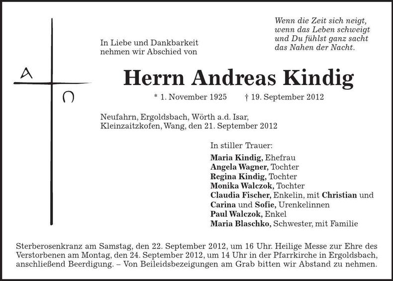 Traueranzeige Andreas Kindig