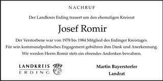Traueranzeige Josef Romir