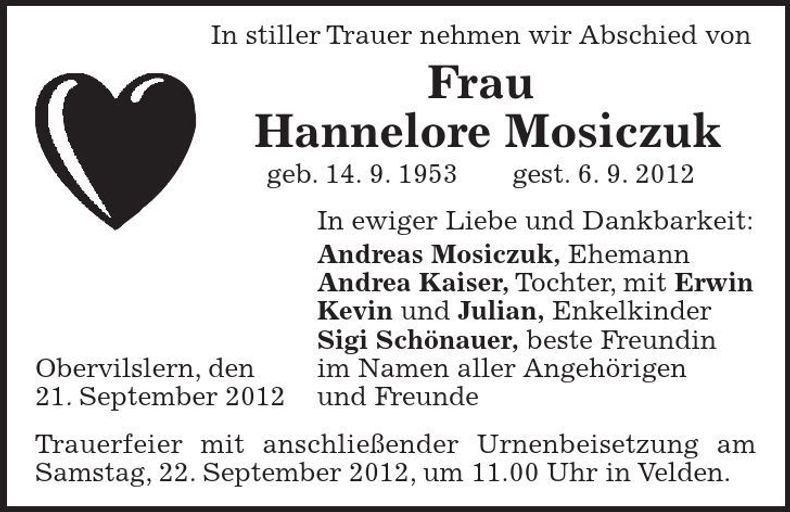 Traueranzeige Hannelore Mosiczuk