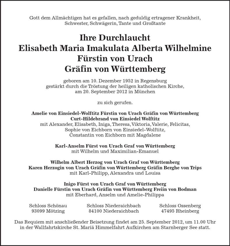 Traueranzeige Elisabeth Maria Imakulata Alberta Wilhelmine Fürstin von Urach