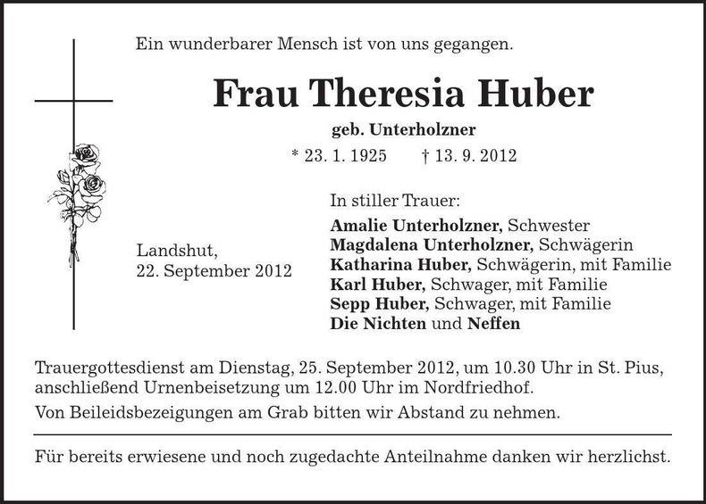 Traueranzeige Theresia Huber