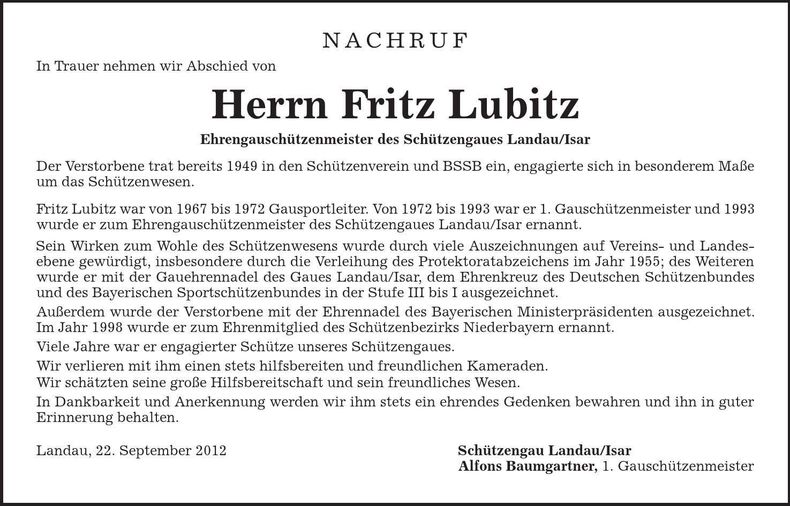 Traueranzeige Fritz Lubitz