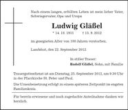 Traueranzeige Ludwig Gläßel