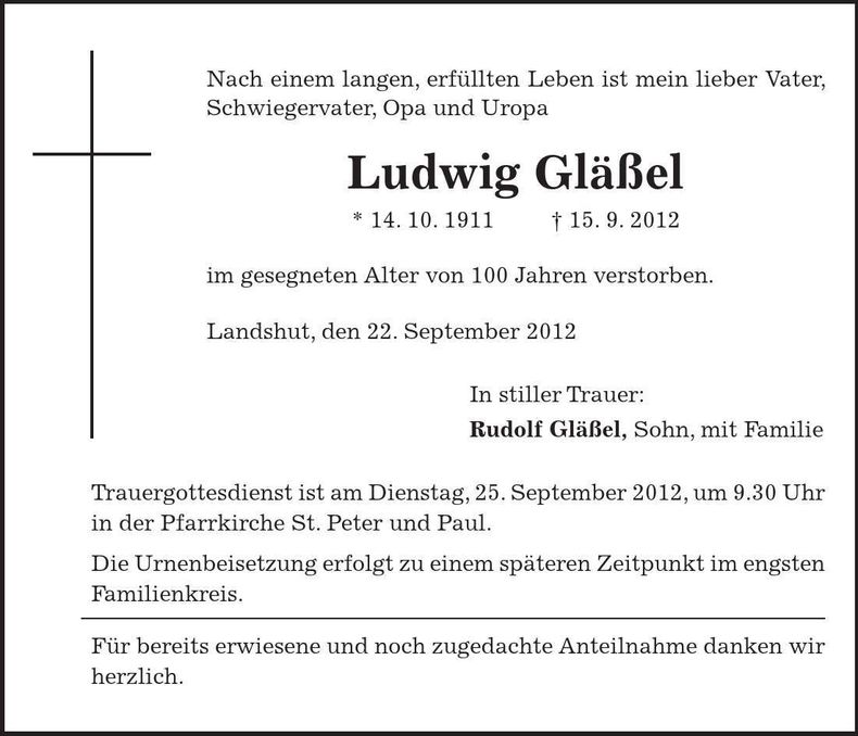 Traueranzeige Ludwig Gläßel