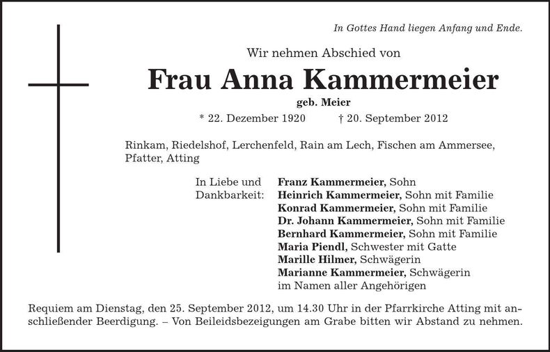 Traueranzeige Anna Kammermeier